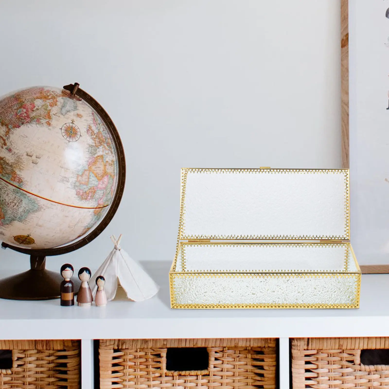Glass Top Iron Frame Jewelry Storage Box Square Lidded Vintage Jewelry Case for Earrings Rings Necklaces Bracelets Brooches