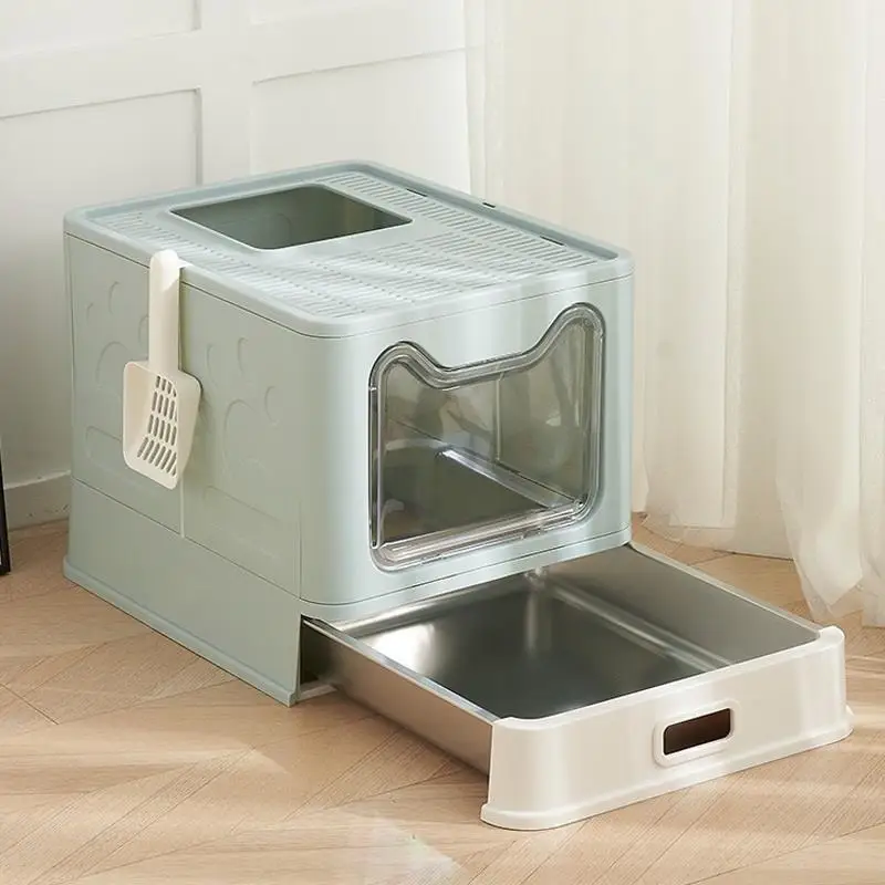 Fully Enclosed Stainless Steel Cat Litter Box Large Drawer Type Folding Anti-odor Cat Toilet Anti-splash Pet Supplies