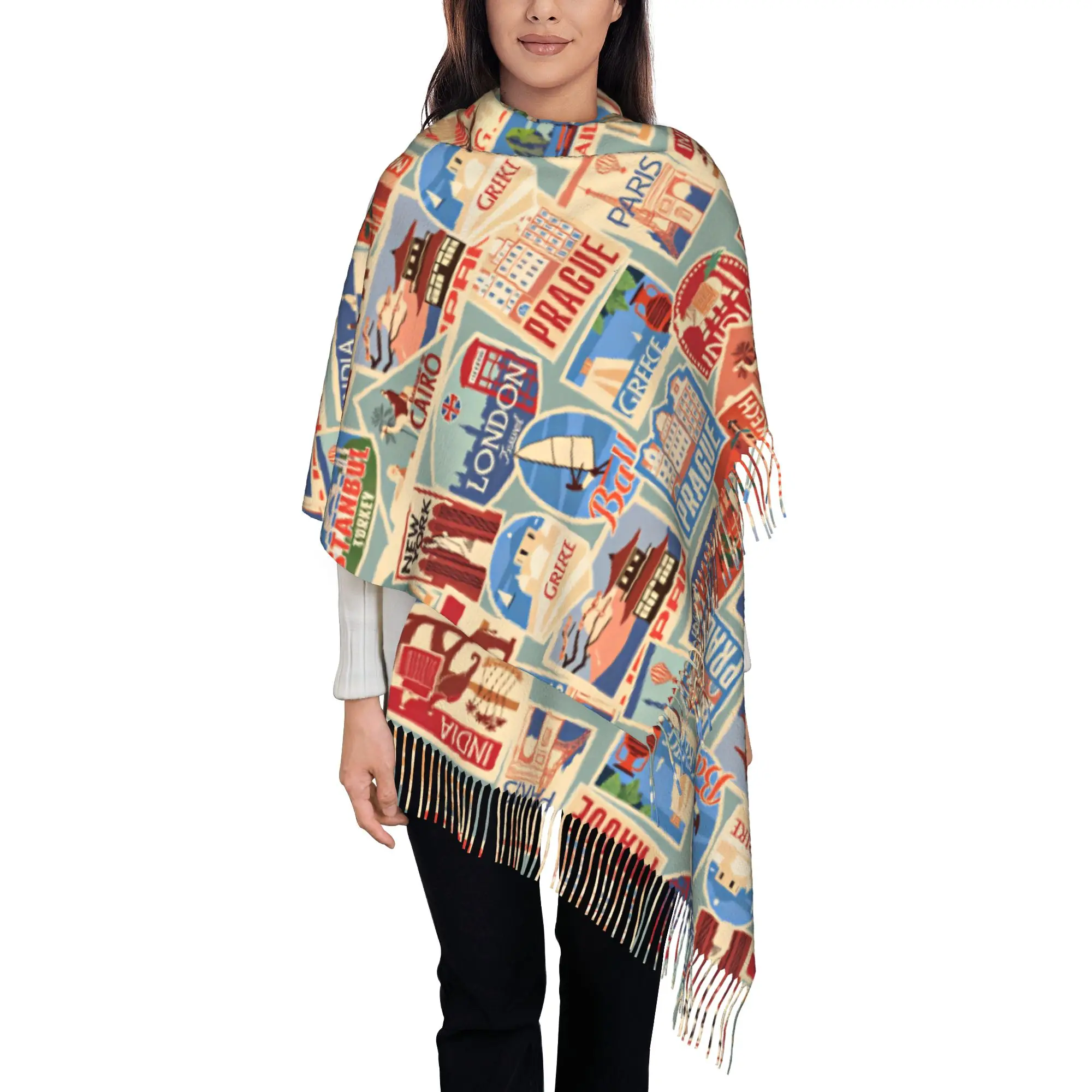 Custom Vintage World Travel Landmark Collage Print Scarf Wrap Women Long Winter Warm Tassel Shawl Unisex  Scarves