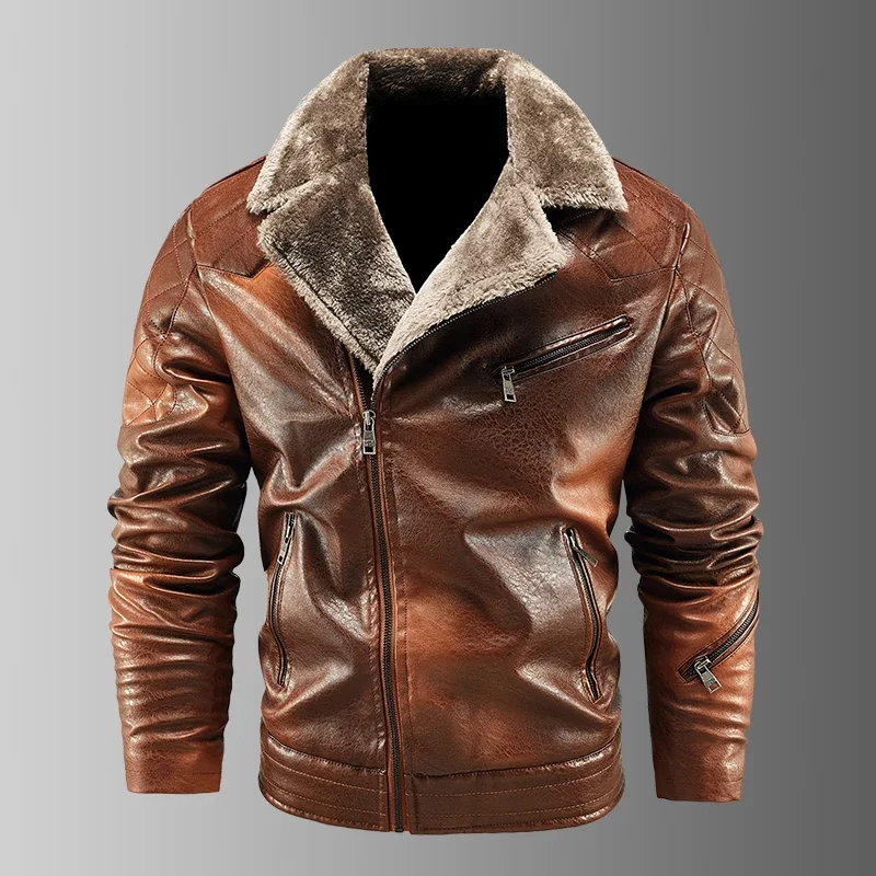 

2025 2025 Fur Collar Thicken Fleece Coat Fashion Warm Winter Men's PU Leather Jacket Men Winter Outdoor Casual Motor Biker Leath