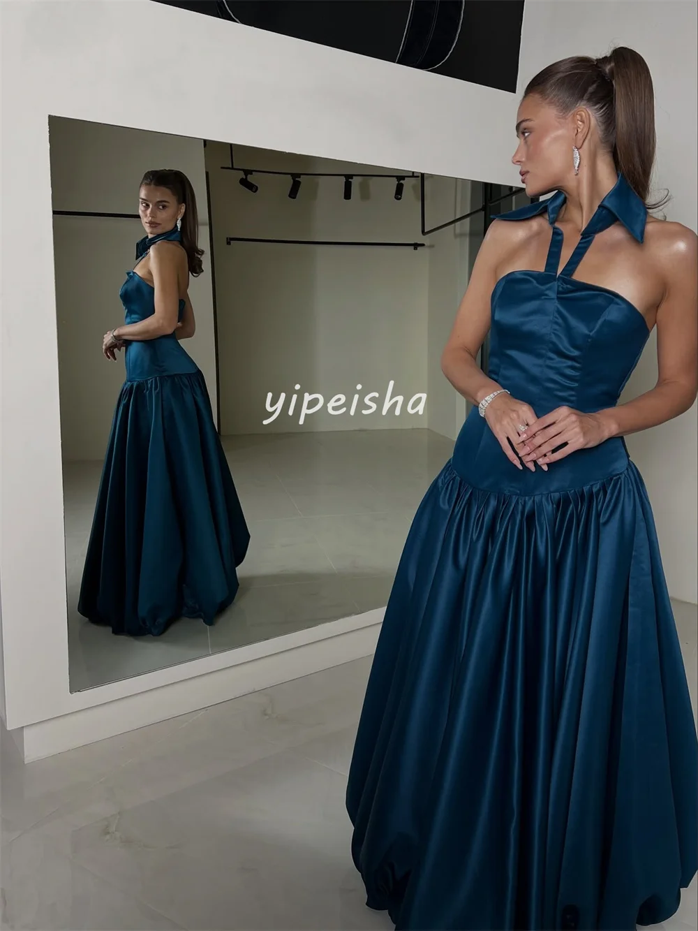 تخصيص مثير الطراز الحديث الطية Ruched ألف خط الرسن فساتين طويلة فساتين السهرة الأحجام المتاحة عالية الجودة النمط الصيني #4