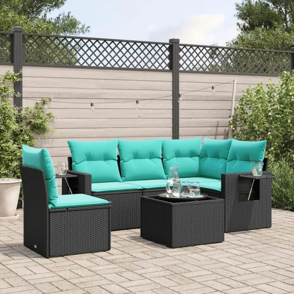 

6 Piece Outdoor Patio Sofa Set with Black Cushions Weather Resistant Poly Rattan Furniture
