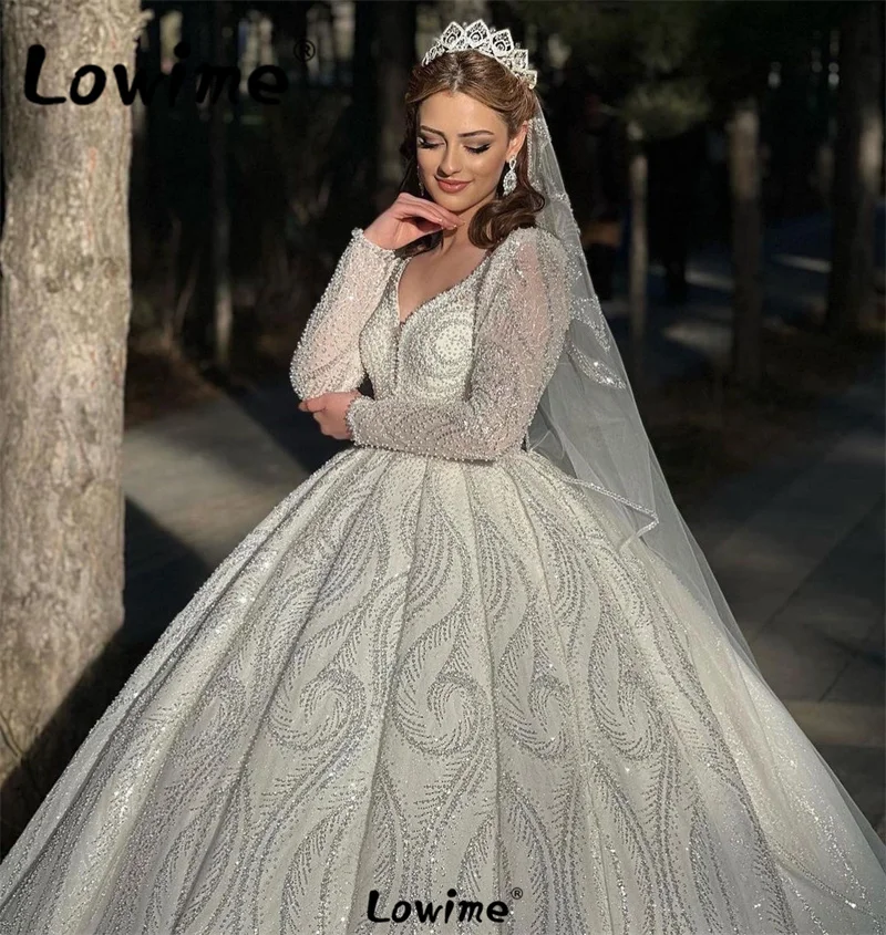 

Glitter Beads Sequined A Line Muslim Wedding Dresses 2024 Long Sleeves Off White Bridal Gown Vestido De Novia Arabic Bride Dress