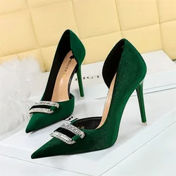 Women Velvet High Heels Pumps Buckle Pointed Toe Side Hollow Rhinestone Purple Green Pink Crystal Shallow Party Shoes