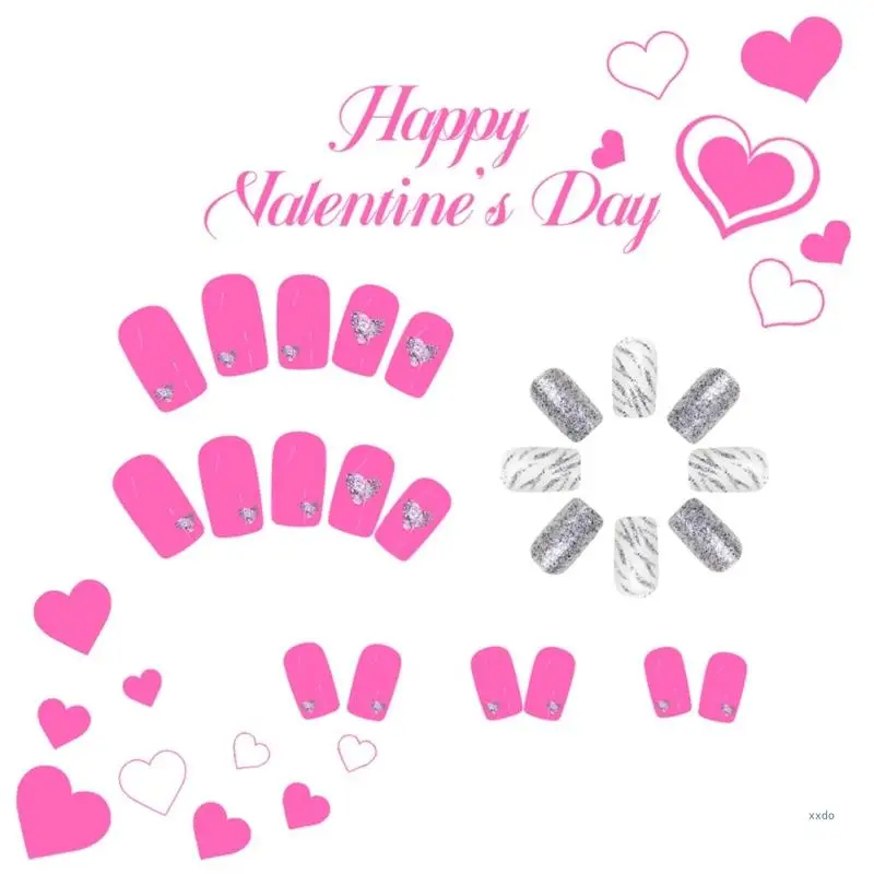 24 piezas uñas postizas acrílicas con forma corazón brillante plateado con temática del Día Valentín para mujeres a