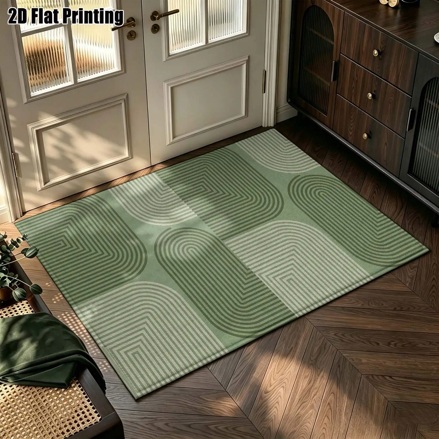 1Pc 2D Printed Green Geometric Stripe Nordic Modern Minimalist Retro Carpet, Instagram-Style Floor Mat, Machine Washable, Multi-Size Home Decor for Entryway, Dining Room, Foyer, Bedroom, Living Room