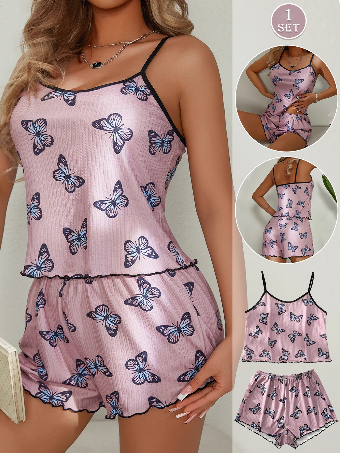 

1 Set Women Home Wear Print Cami Top And Shorts Pajama Set