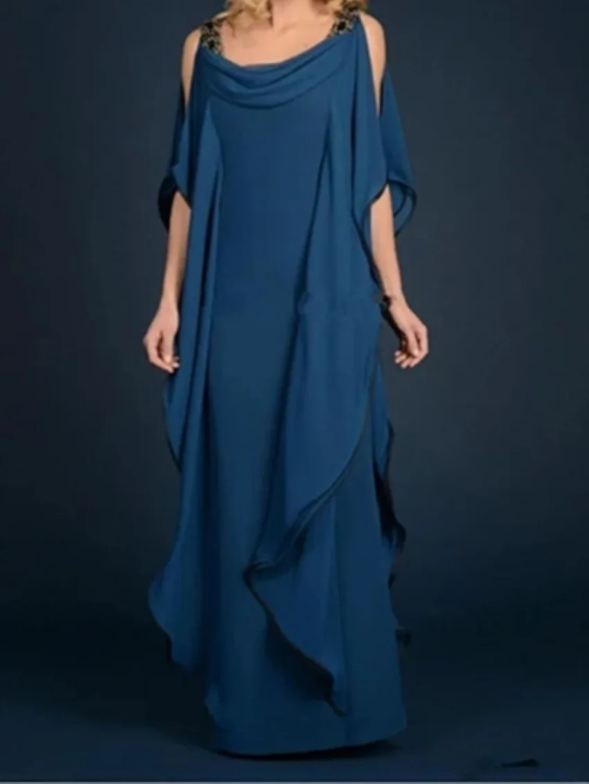 Long Chiffon Garment Ruffles Flowing Mother Formal Scoop Neck Evening Gown New Champagne Navy Blue Mother Of The Bride Dresses