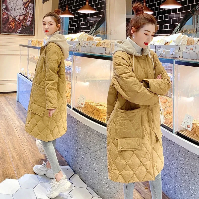 2027Winter New Women's Clearance Plus Size Coat Long Female Diamond Lattice Loose Jacket Casual Fashion Hooded Cotton Overcoat