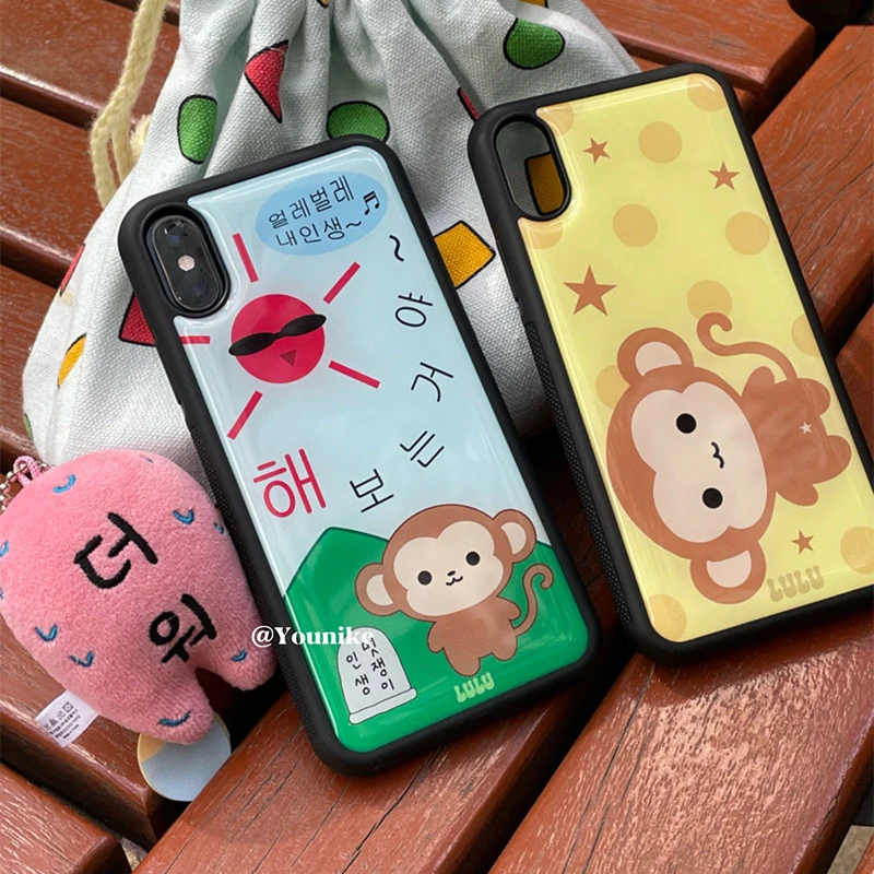 Korean Ins Cute Polka Dots Monkey Black Border Drip Glue Phone Case For iPhone 17 Air 16 Pro Max 15 14 Plus 13 12 11 Back Cover