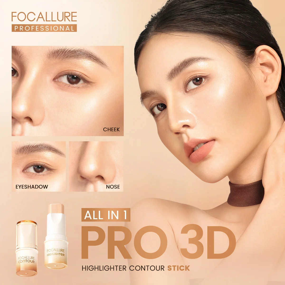 FOCALLURE 3D Face Bronzers & Highlighters Stick Waterproof Long-Lasting Natural Brightening Contour Concealer Makeup Cosmetics