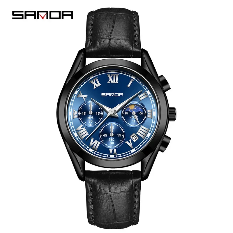 Sanda 5012 bracelet en cuir de marque supérieure étanche mouvement à Quartz japonais cadran à chiffres romains aiguilles lumineuses montre pour hommes d'affaires