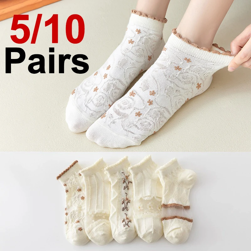 

5/10 Pairs Women Flower Patterned Thin Boat Socks Fashionable Spring Summer Pleated Edge Mesh Breathable Sweet Style Casual Sock