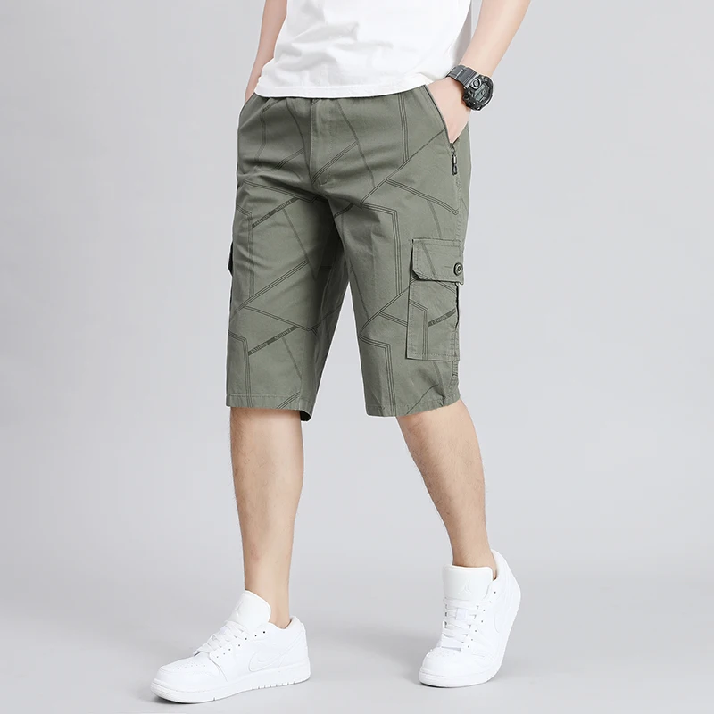 Summer Thin Stylish Printed Casual Shorts Beach Style Loose All-match Men\'s Clothing Pockets Spliced Commute Zipper Knee Pants