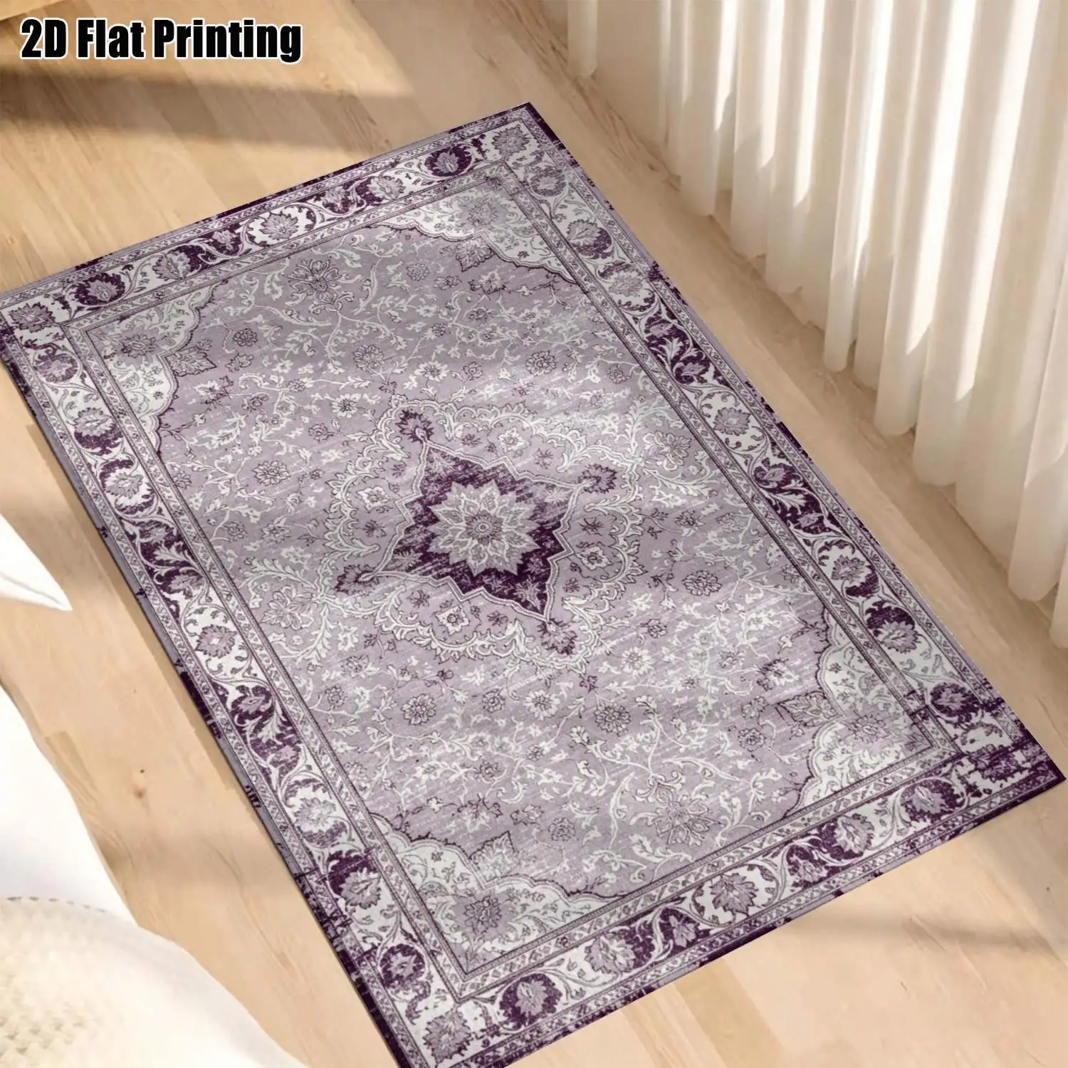 1Pc 2D Printed Carpet with Purple-White Retro Scroll Pattern European-Style Home Decor Rug, Multi-Size, Machine Washable, for Entryway, Dining Room, Foyer, Bedroom, Study, Living Room.