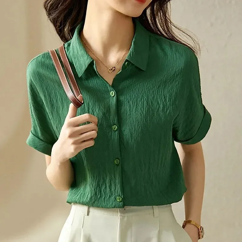 

Женская зеленая текстурированная рубашка с коротким рукавом на пуговицах, повседневная блузка с отложным воротником