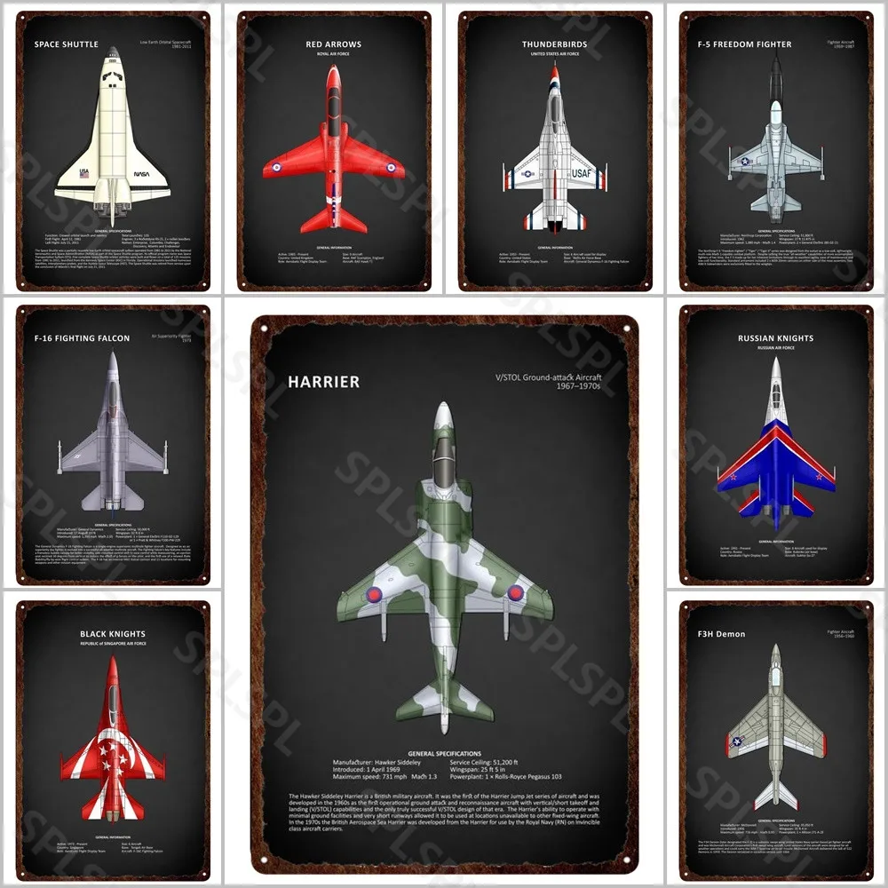 

Military Fan School Education Airplane Tin Sign Plaques Metal Decor Sign World Famous Aircraft Fighter Metal Print Plates Poster