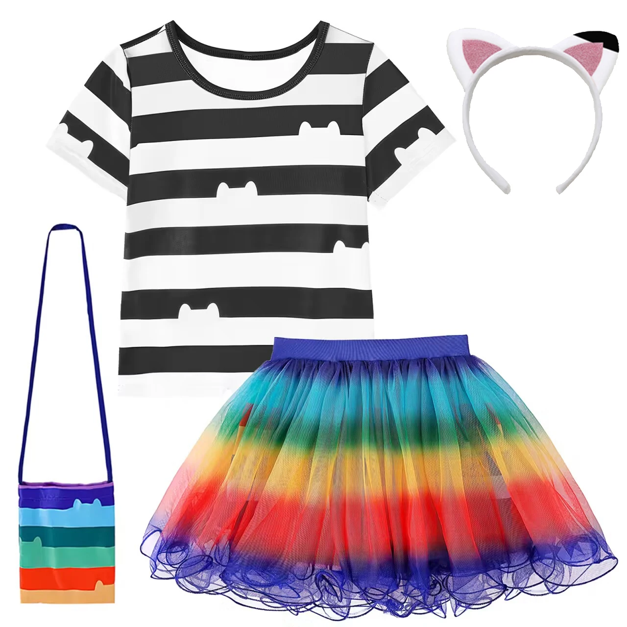 Summer Girls Clothes Set Kids Birthday Party Gabby\'s Dollhouse Cats Striped Top+Rainbow Tutu Dress Outfit Children Clothing Suit