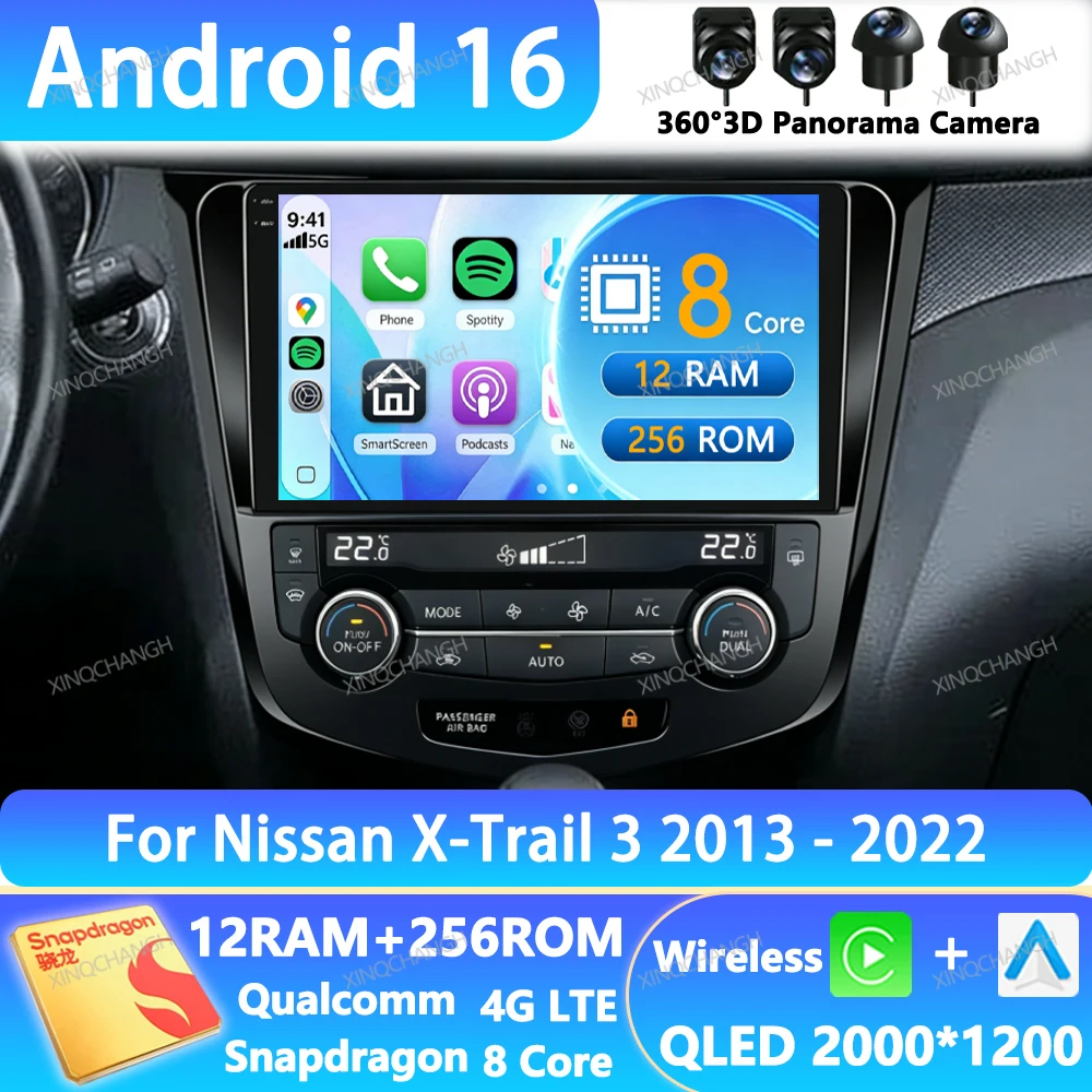 Android 16 Car Radio For Nissan X-Trail Xtrail 3 T32 2013 - 2022 QLED 2DIN Head Unit Qualcomm BT 4G WIFI GPS Navigation BT GPS