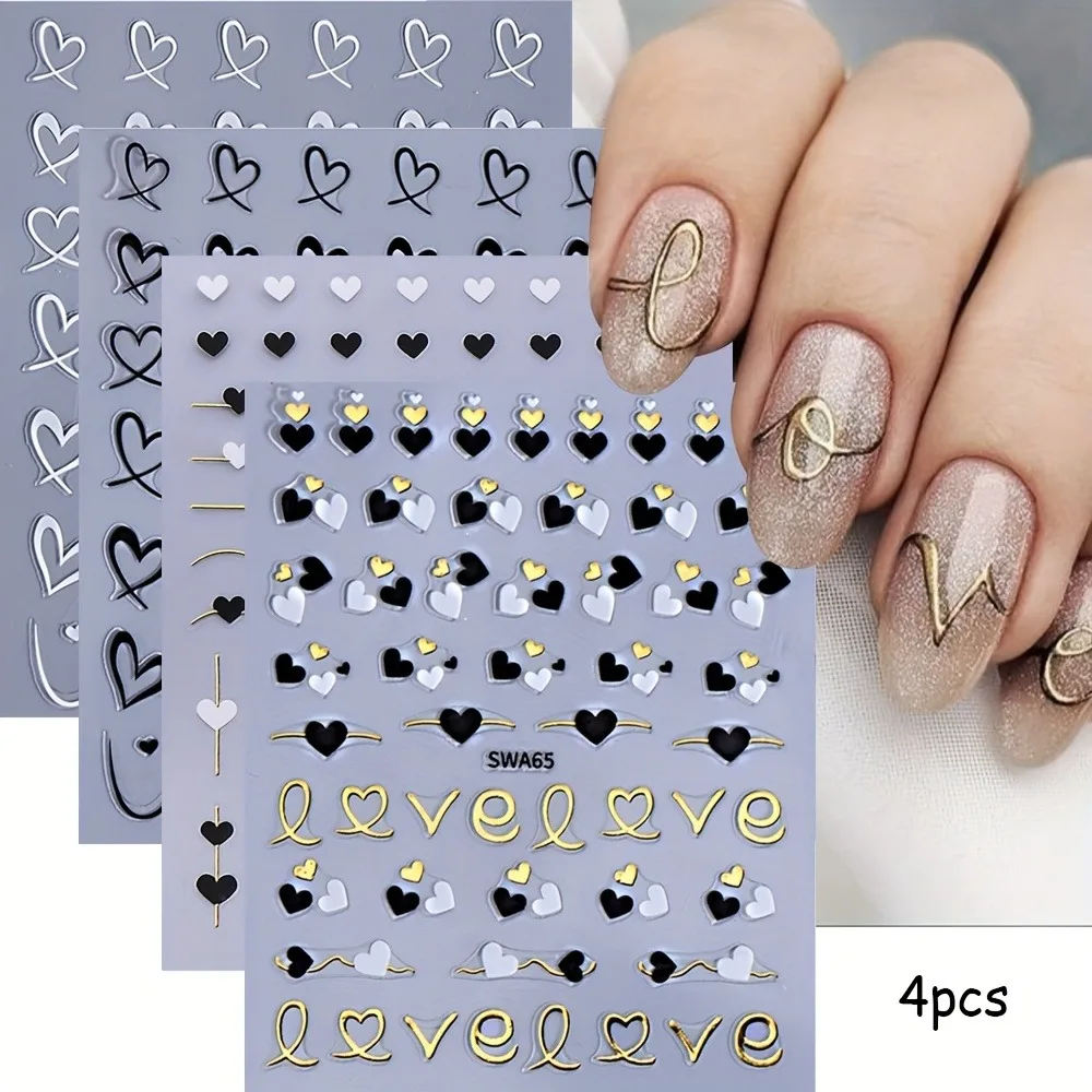 4 Stück Valentinstag-Liebes-Nagelaufkleber, einfach für Nageldekoration zum Selbermachen, Geschenke, Partys und Hochzeits-Make-up und Styling