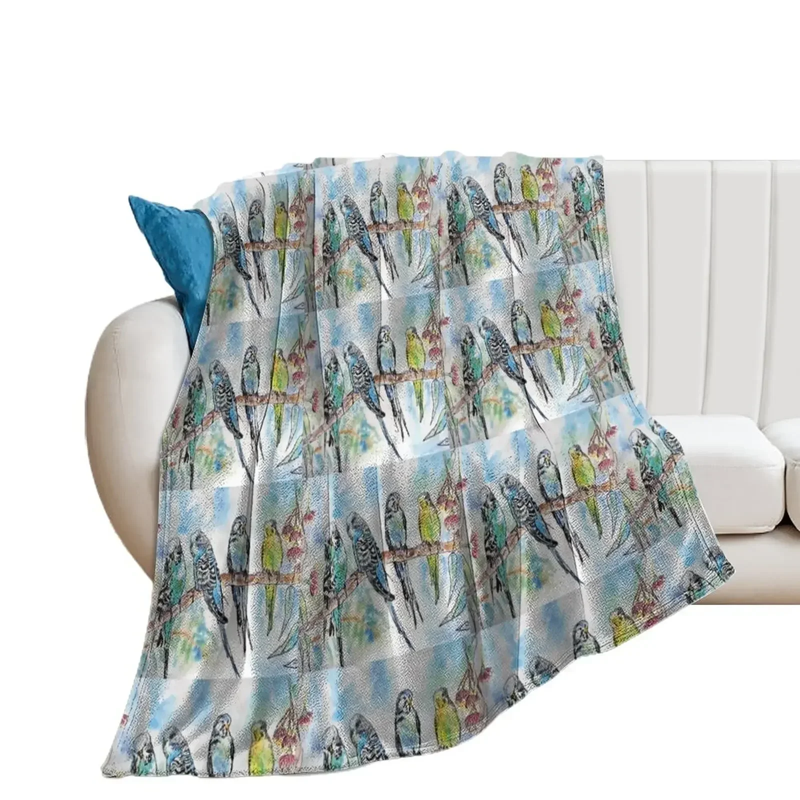 Colourful Budgies Budgerigars Sitting on A Branch Watercolor Painting Throw Blanket Giant Sofa Camping Blankets