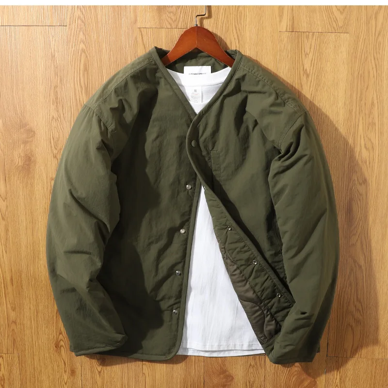 Winter Man Cargo Jacket Vintage Solid Color V-neck Male Down Coat Single-breasted Long Sleeve Windproof Warm Men Outerwear