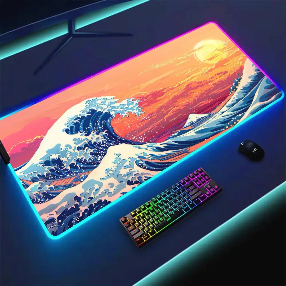 

RGB Mouse pad Ukiyo-e art waves gaming mat rubber anti-slip Desk Mat LED glow Gaming keypad mousepad gamer pc accessories