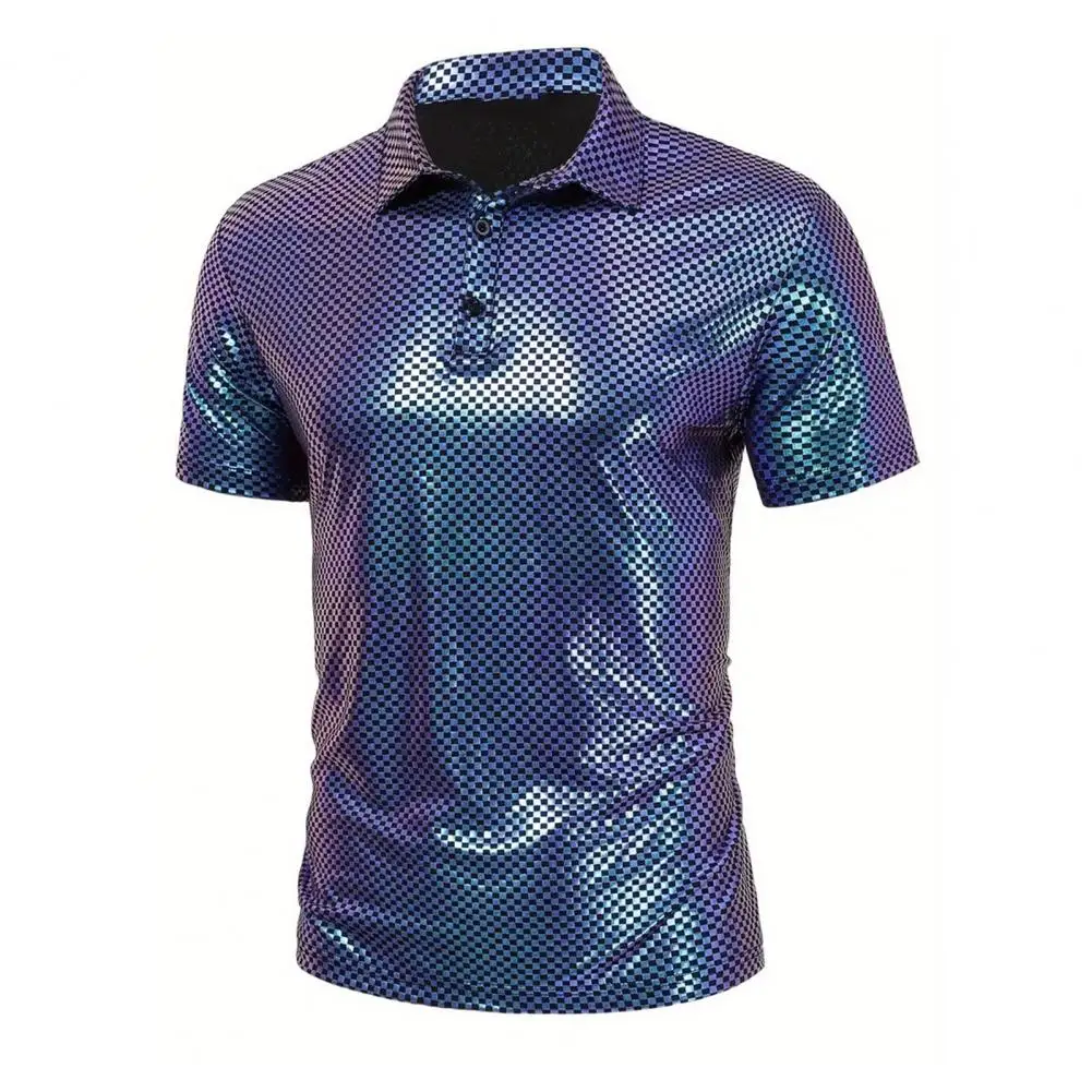 

Мужская блестящая рубашка для вечеринок, мужская блестящая рубашка с короткими рукавами для выступлений, глянцевая летняя мужская рубашка, топ для ночного клуба