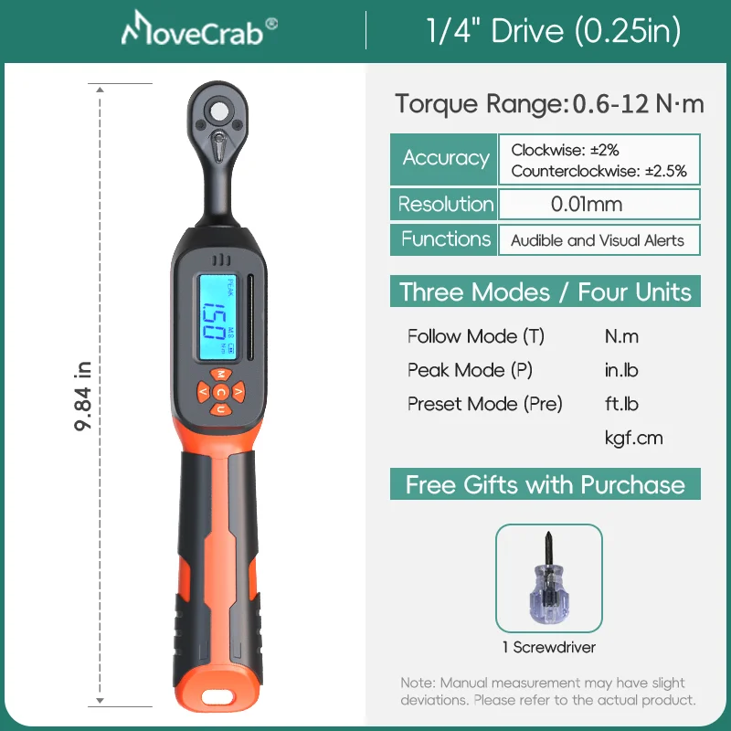 MOVECRAB Serie Digitale Momentsleutel 1,5-340N.m 2% Nauwkeurigheid Voorgeprogrammeerde Waarden met Zoemer, LED-flits & Trillingsmelding op de handgreep