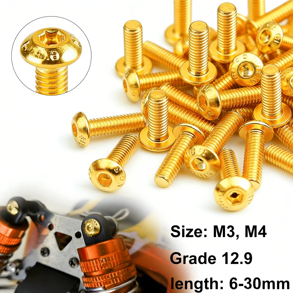 10 Stück goldene Innensechskantschrauben der Güteklasse 12,9, M3, M4, legierter Stahl, hochfeste Befestigungsteile für DIY-Projekte – Detail 1