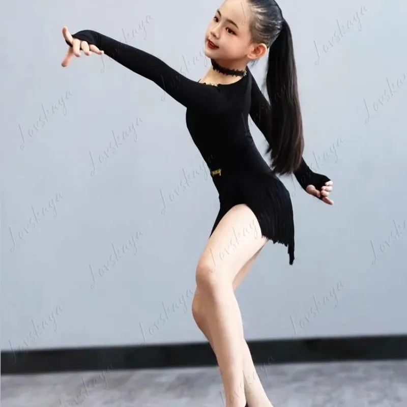 New Style Latin Dance Outfit - Women's Dance Training Suit with Long Sleeves and Frilled Skirt for Children in Black Set
