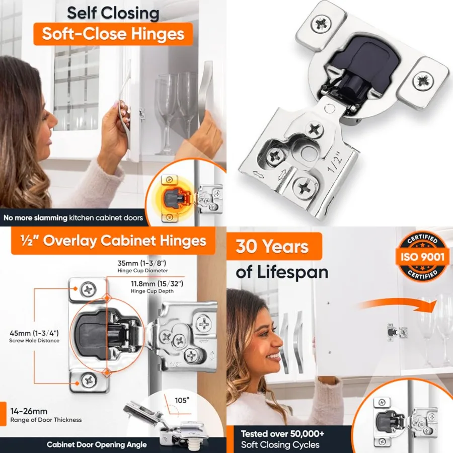 

0 Pack Soft Close Cabinet Hinges 1/ Overlay for Kitchen Cabinet Doors, Slow Self-Closg Concealed Hidden Hges for Face Frame Sta