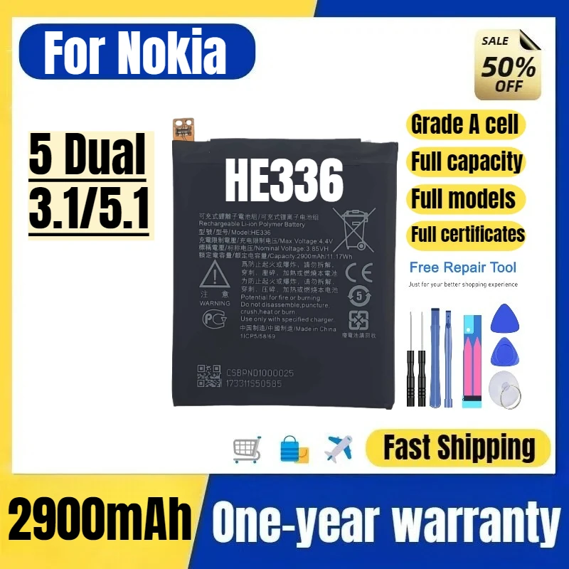 

Аккумулятор HE336 для мобильного телефона Nokia 5 Dual/3.1/5.1, высококачественный, большой емкости, сменный, класс А, с инструментами для замены