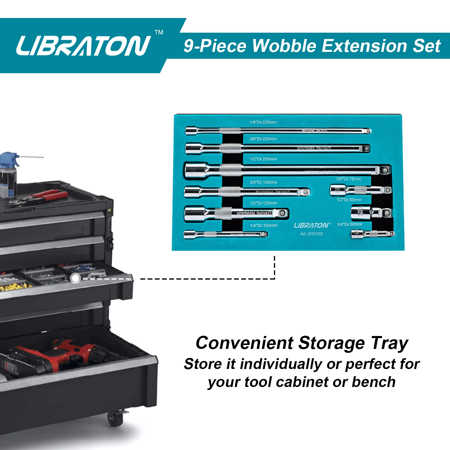 Libraton 9Pcs Wobble Extension Set 1/4\'\' 3/8\'\' 1/2\'\', Wobble Socket Extension Set, Drive Socket Extension Bars