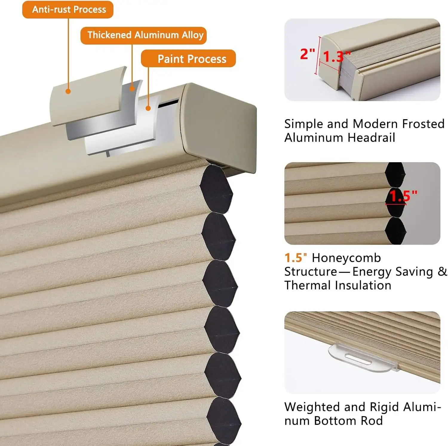 Cordless Honeycomb Blinds 38mm for Window Child Safe Blackout Thermal Insulation Noise Reducing Shades for Home Bedroom Office