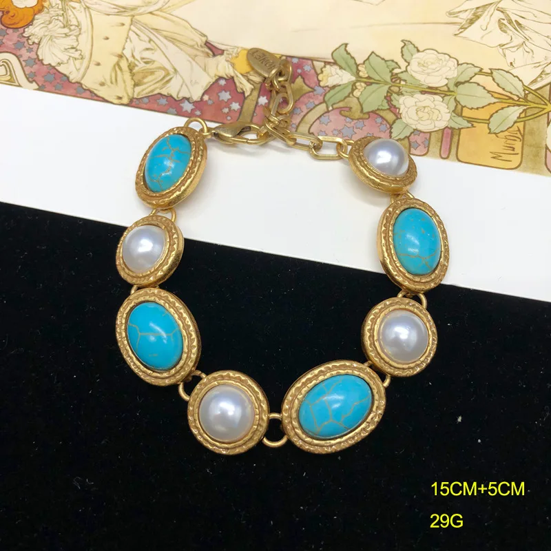 Draweye Turquoise Pearls Necklaces for Women Medieval Palace Style Vintage Jewelry Elegant Geometric Simple Collares Para Mujer