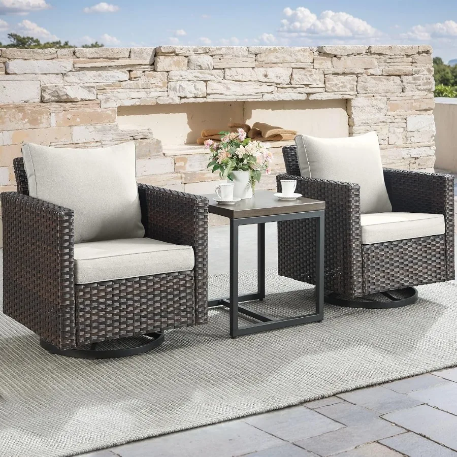 

Rilyson Outdoor Patio Swivel Rocker Chairs 3 Piece Wicker Patio Furniture Bistro Set with Comfortable Cushions Sturdy Metal Fra