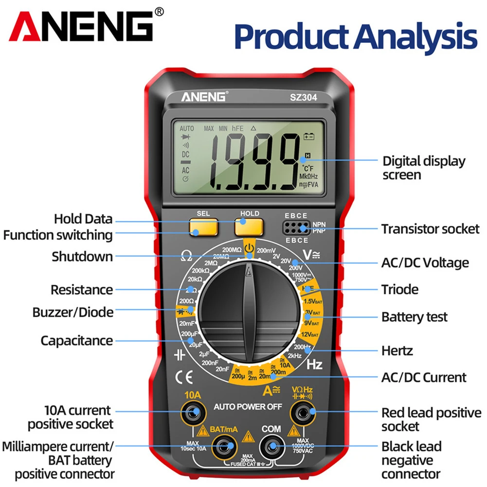 ANENG SZ304 Digital Multimete True RMS Handheld Multifunction High Precision Tester NCV AC/DC Votage Current Resistance Ohm Tool