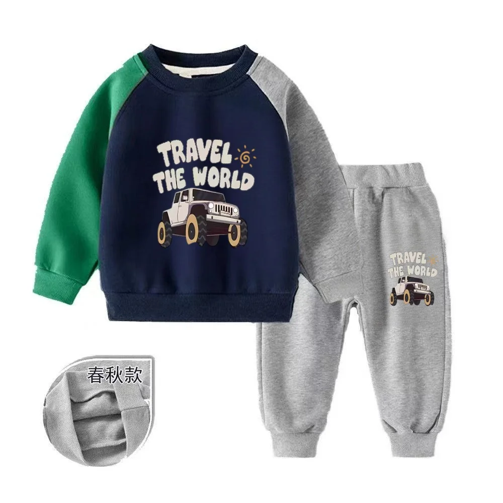 Autumn Baby Boy Clothes Set Children Cartoon Car Printing Spliced sleeve  Top And Pants Bottom 2 Pieces Long Sleeved Cotton Set