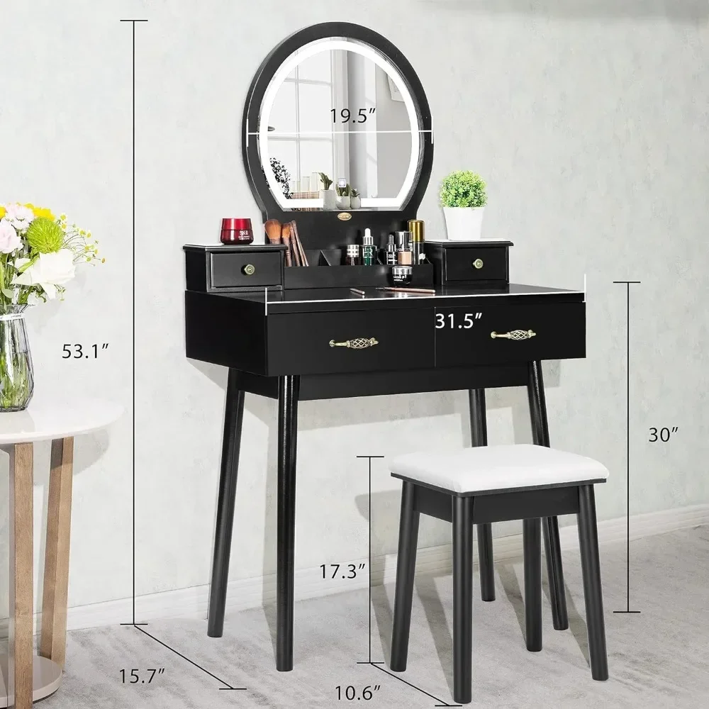 Dresser set with tri-colour dimmable mirrors, upholstered stool, black, dresser with drawers