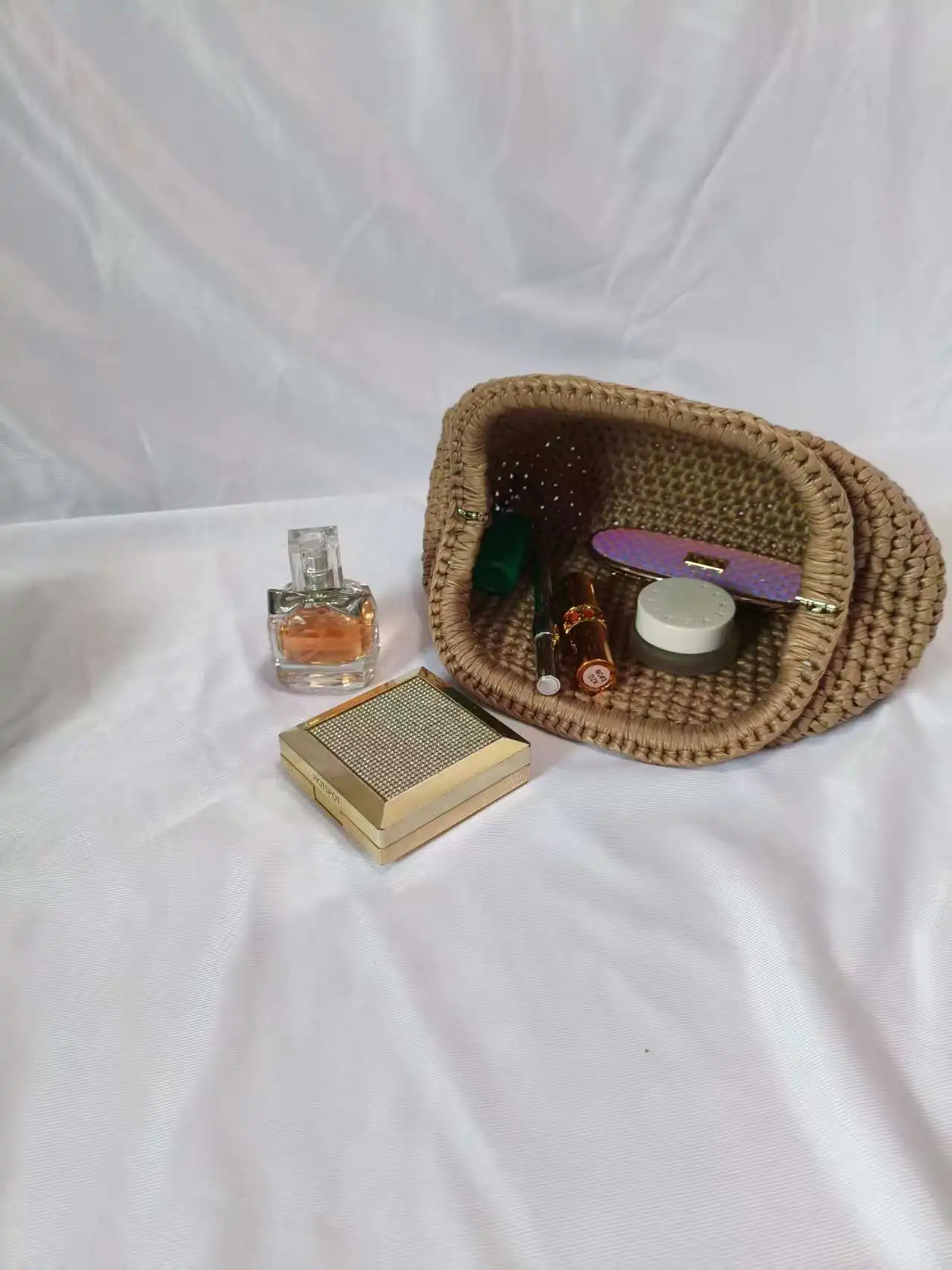 حقيبة بمشبك كروشيه من القماش المعدني، حقيبة منسوجة يدويًا تحت الإبط، حقيبة فضية لامعة متوسطة الحجم #5