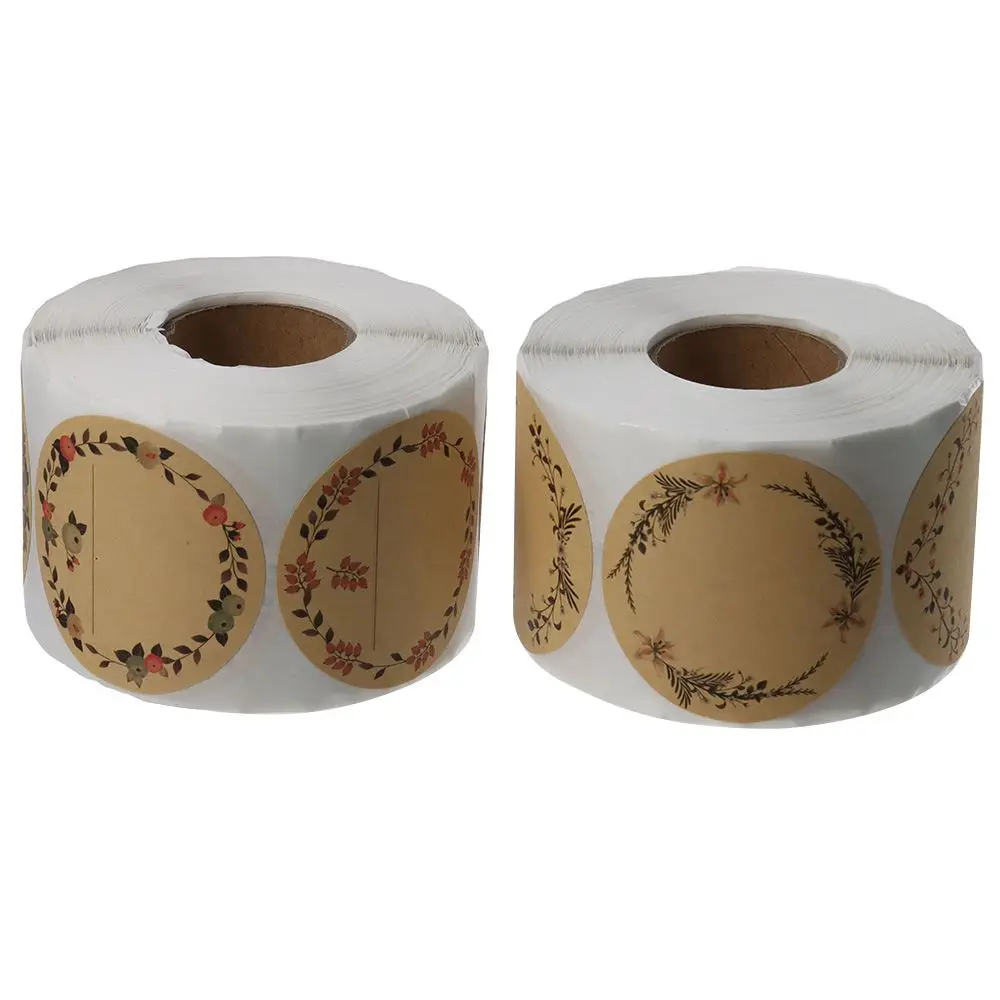 500PCS 4 Pattern Designs Round Lable Stickers 2" Self-Adhesive Kraft Paper Label Stickers Floral Wreath Design Blank