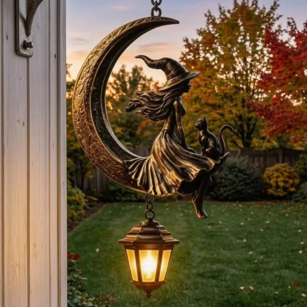 Solar Powered Moon Witch Lantern Rustproof Metal Durable Metal Solar Halloween Moon Lamp Wall Mount Vintage
