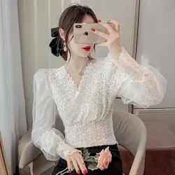 2023 New Autumn and Winter Fashion Simple Commute Lace Floral Splicing V-Neck Solid Color Long Sleeves Hollow Out Women's Top