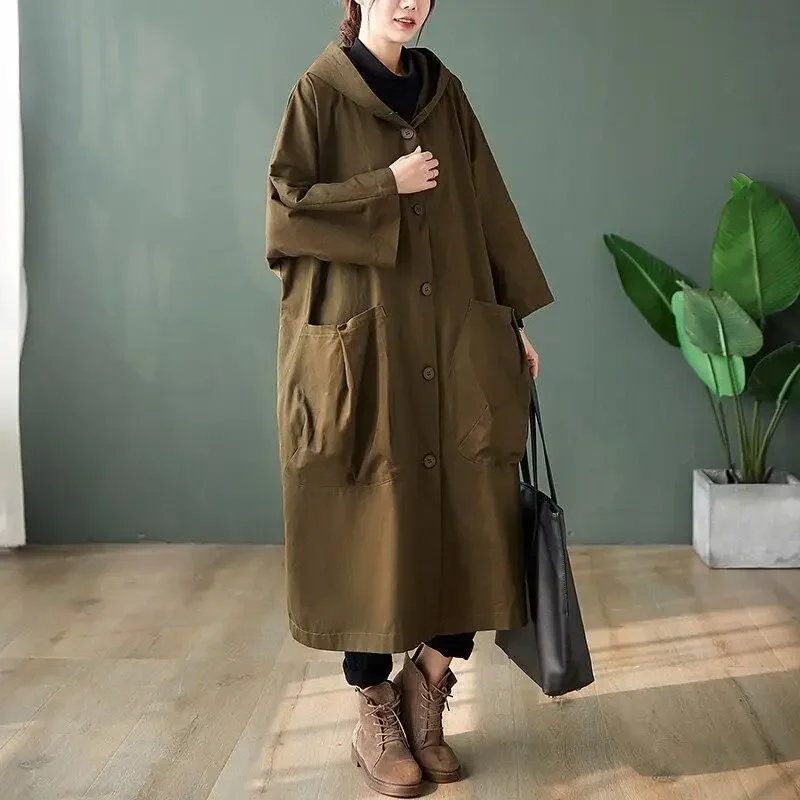 DIMANAF Plus Size Women Jacket Coat Outwear Hooded Button Pockets Cardigan Female Clothing Loose Oversize Autumn Thin Overcoat