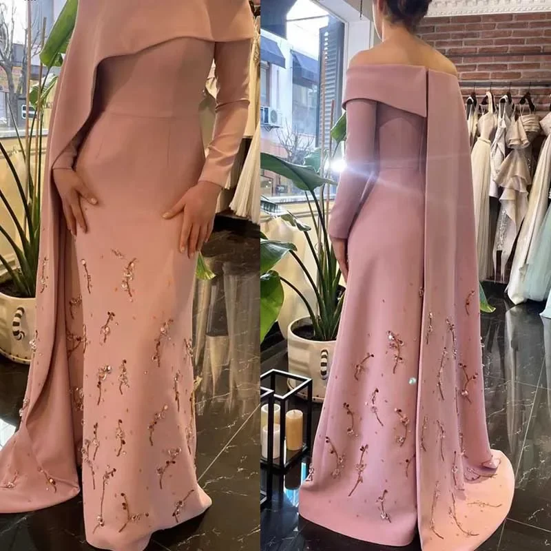 Customized Elegant Off The Shoulder Long Sleeves Pink Beaded Mermaid Vestidos De Fiesta فساتين سهره Evening Dresses Hot Sale