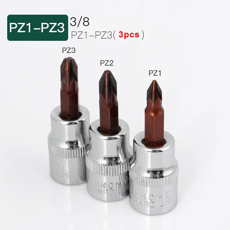 3pcs Phillips Pozi Screwdriver Bits 3/8 Inch Square Drive Socket Home Auto Repair Hand Tools PH1 PH2 PH3 PZ1 PZ2 PZ3 48mm Length