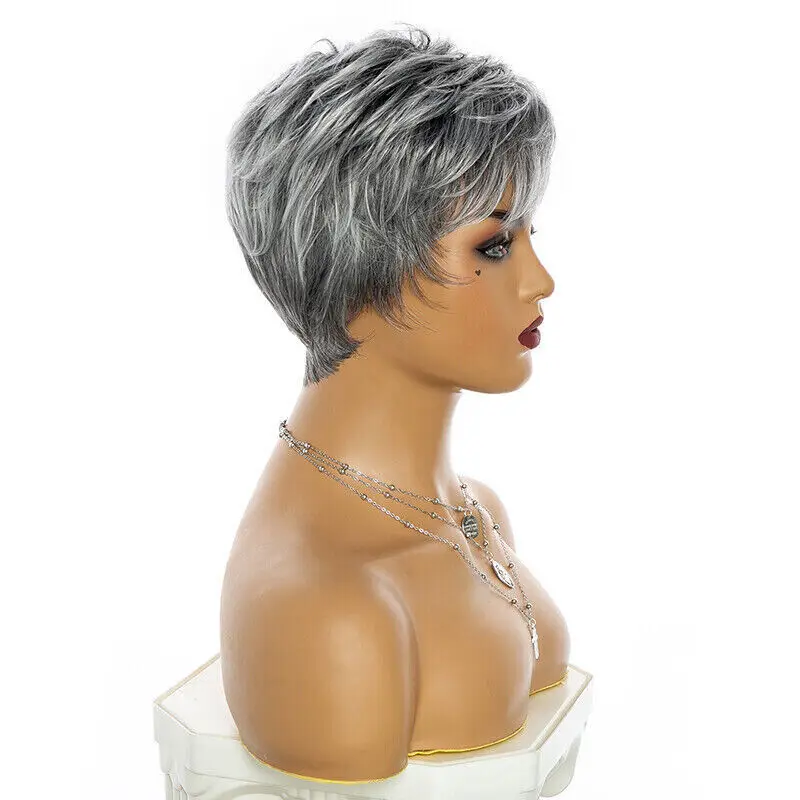 Short Black Root Grey Cut Wigs Straight Slight Layered Synthetic Hair Wig