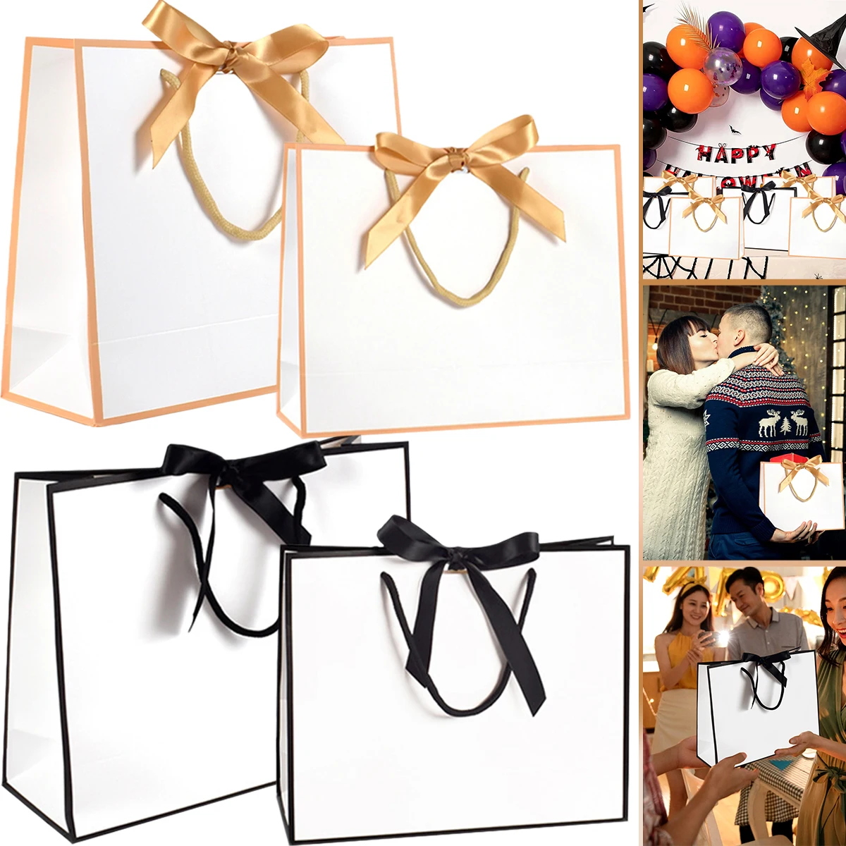 5Pcs Elegant Gift Bags with Ribbons Black Gold Edge Present Bag with Handle Multisize Goodie Wrapping Box for Christmas Wedding