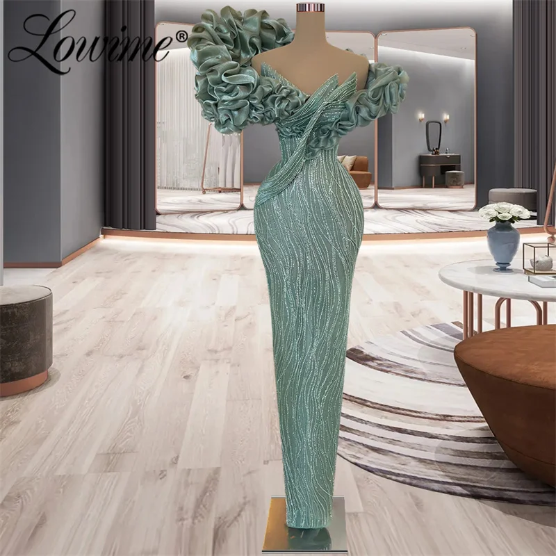 Lowime Ruffles Off The Shoulder Evening Dresses Mermaid Sequin Beads Long Party Gown Arabic Sweetheart Prom Dress Plus Size Robe